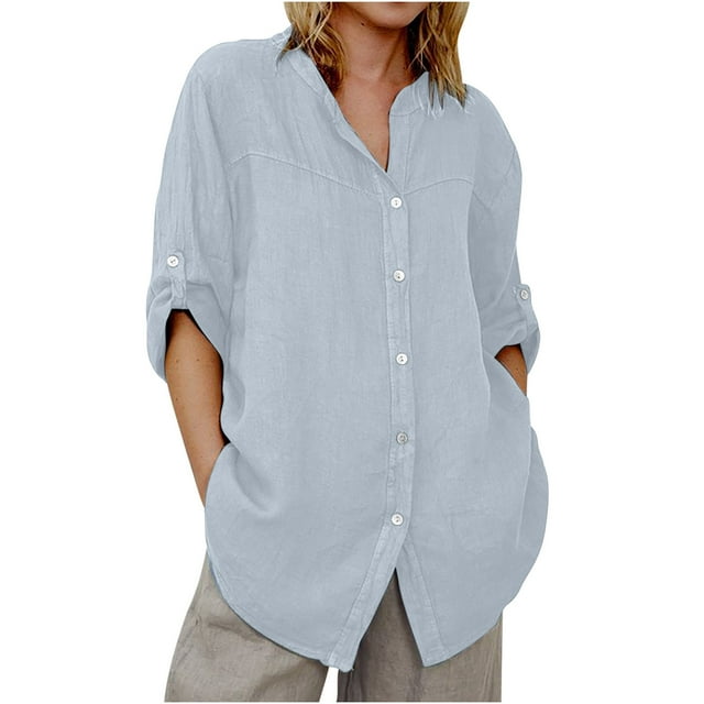 Penkiiy Women's 3/4 Sleeve Collared Shirt Button Down Denim Blouse Tops L Light Blue