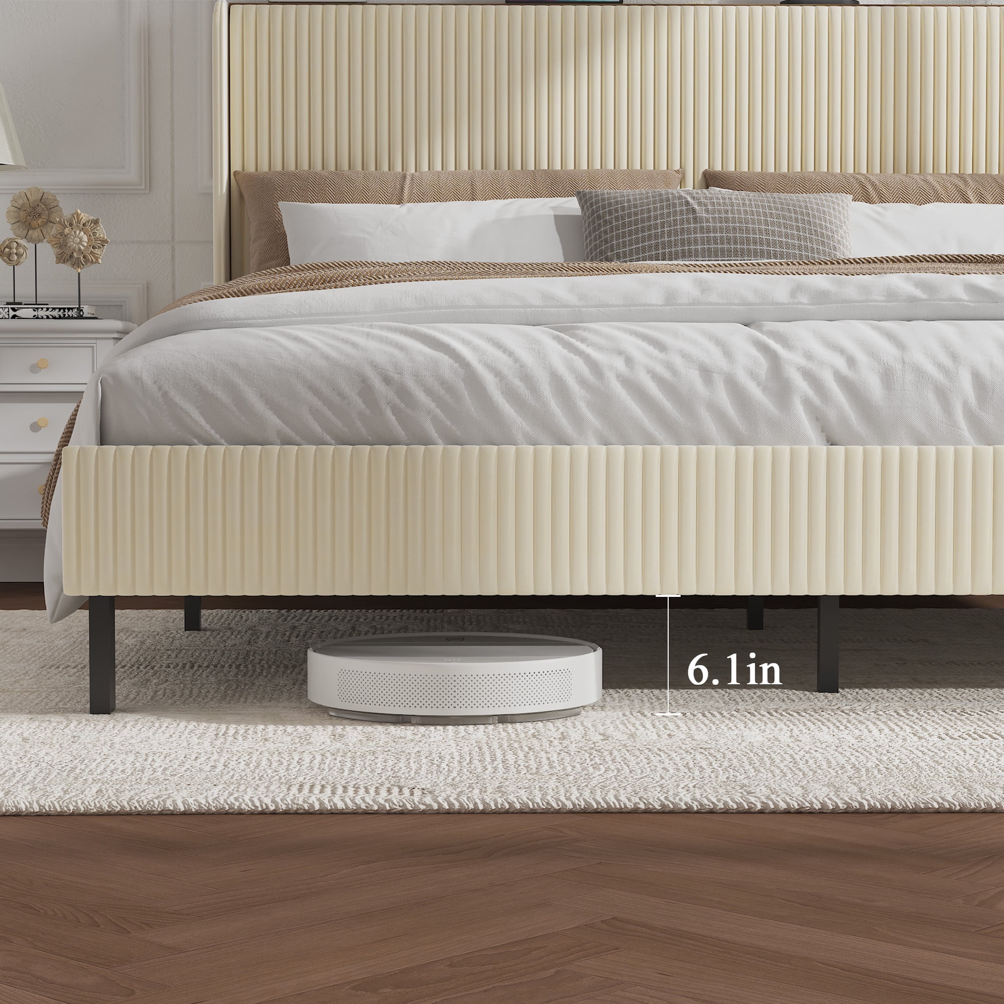 PORKISS King Bed Frame with Storage Headboard, LED Lights & USB/Type-C Charging Station, Cream White Upholstered Platform Bed Frame, Heavy-Duty Metal Slats, No Box Spring Needed