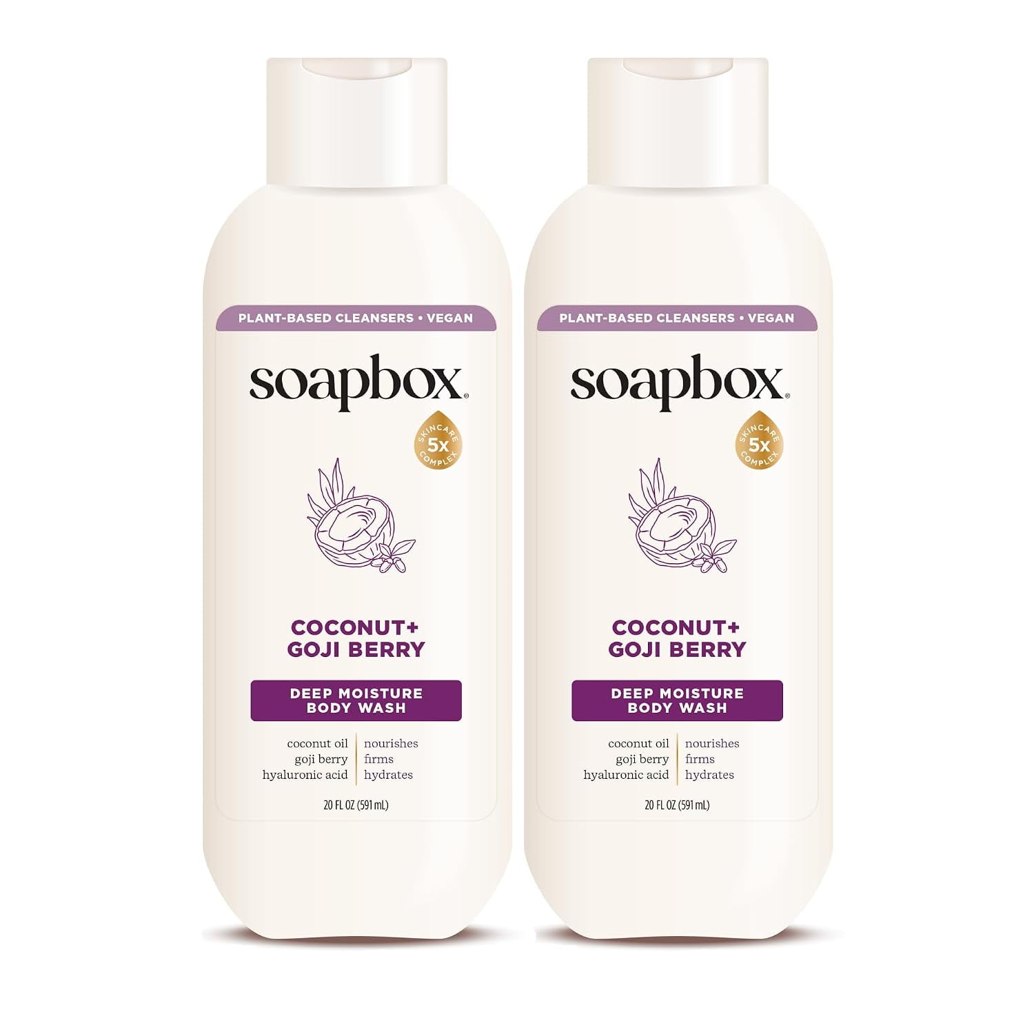 Soapbox Body Wash, Coconut & Goji Berry Liquid Body Wash, Moisturizing Soap with Shea Butter, Vegan Duo Pack of 2 Soap Bottles, 20oz Each