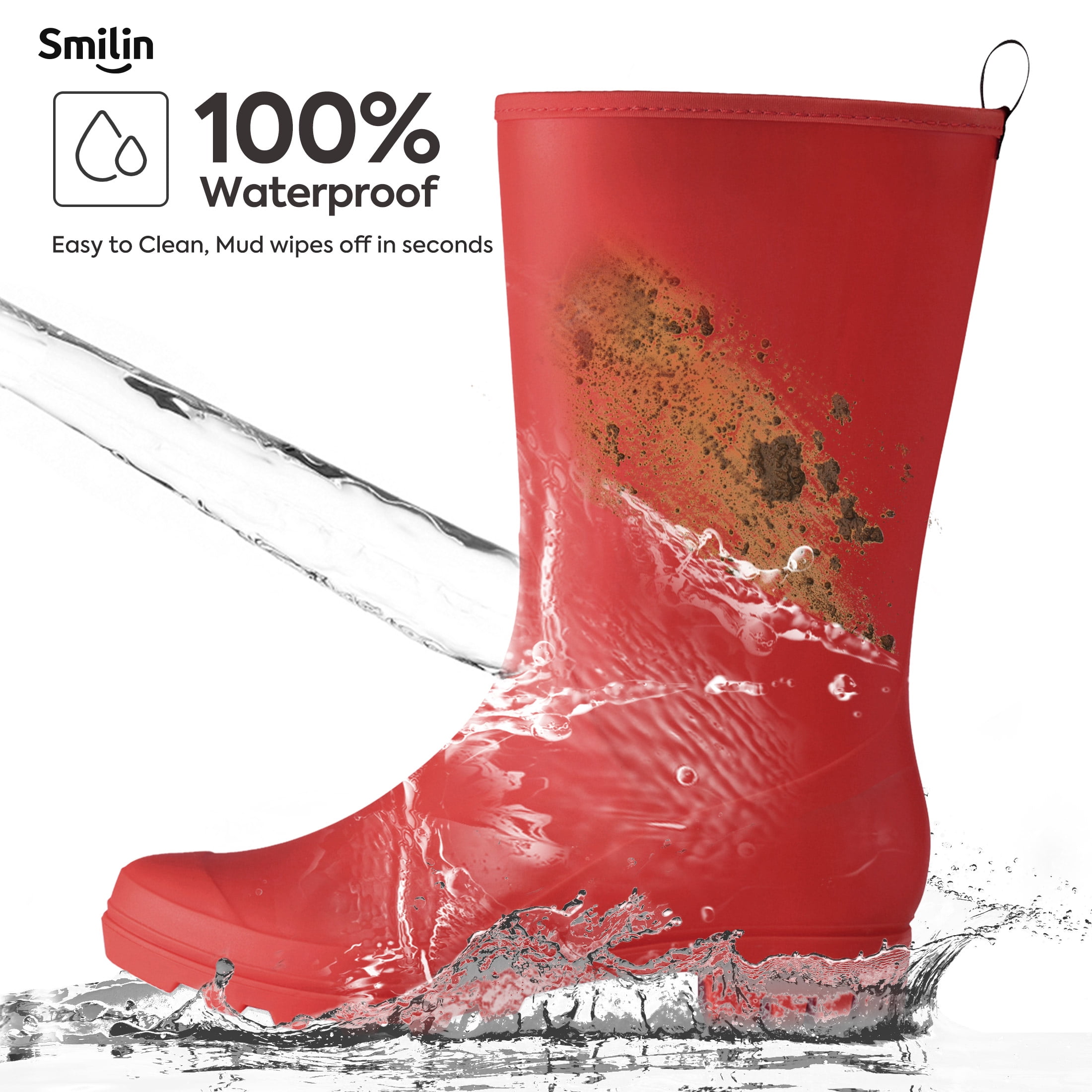 SMILIN Rubber Wide Calf Rain Boots for Women, Red, Size 8