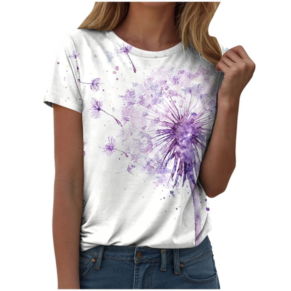 vigerkar Dandelion Graphic Floral T-Shirt Women Casual Summer Boho Tops Holiday Wildflowers Tee Shirts (Purple, L)