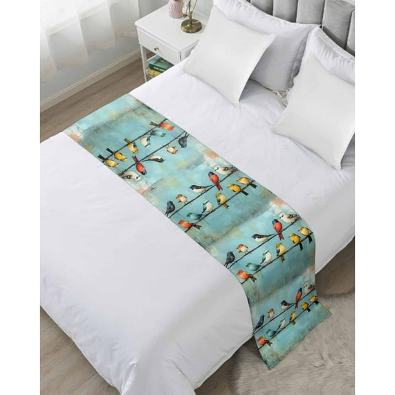 Xipuska Colorful Oil Painting Bed Runners for Queen Size Bed, Decorative Bed Throws for Foot of Bed, Vintage Birds Art Bed Runner Sofa Throw Bedding Scarf Protector Slipcover for Bedroom/Hotel