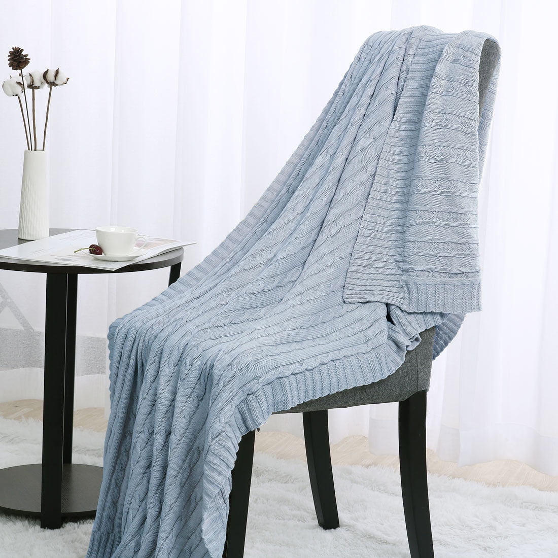 Knitted blanket home decor throw W870 blue