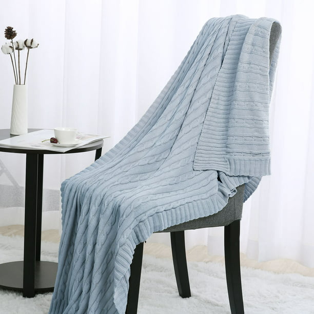 Cotton Cable Knitted Throw For Couch, Blue Cotton Throws For Sofas