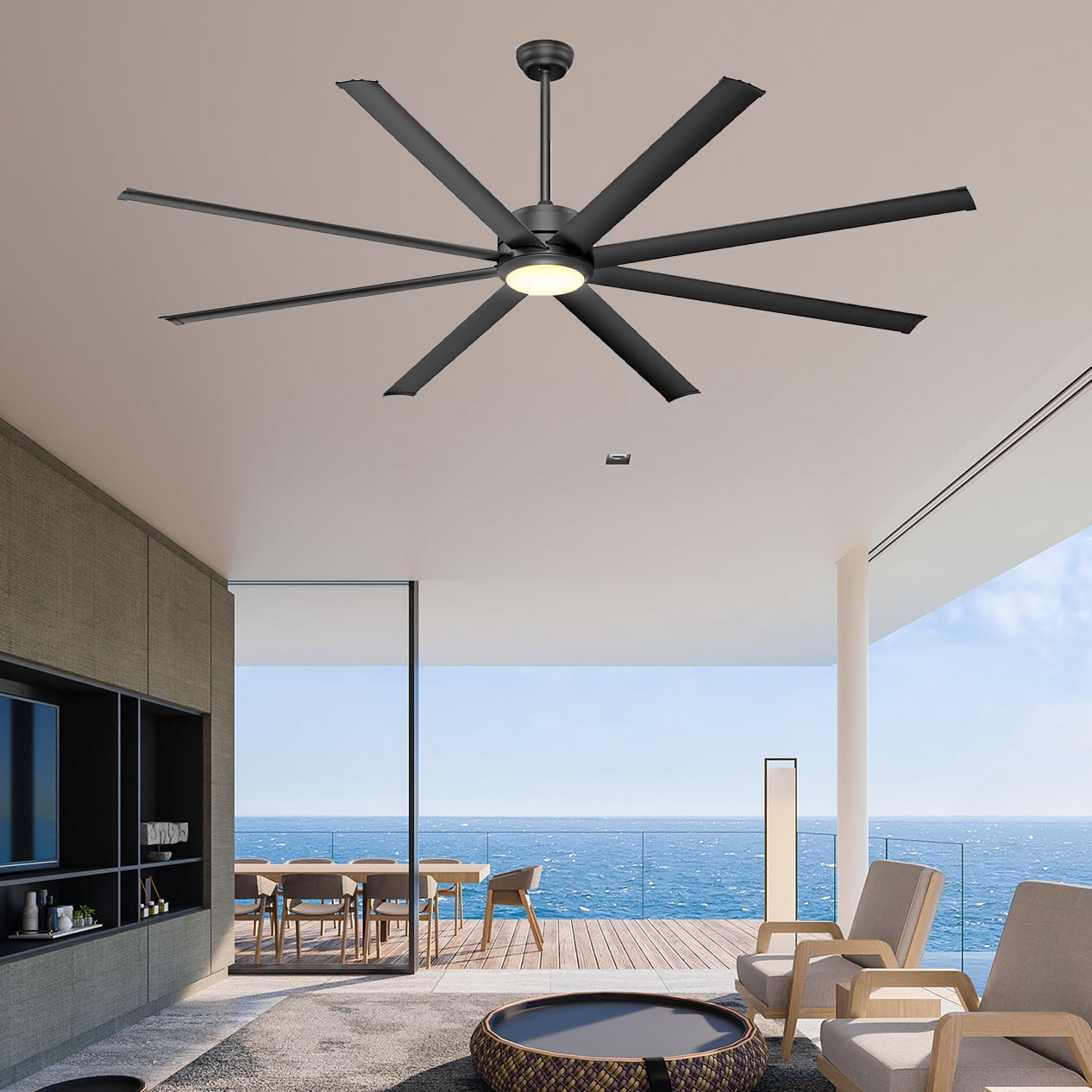 Ohniyou 84" Industrial Ceiling Fan with Lights and Remote 8 Aluminum Blades Large Dimmable Indoor Outdoor Ceiling Fan for Patio Living Room Shop Garage, Black