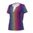 thumbnail image 2 of Goofa Leopard Neon Rainbow Gradient Pattern Womens Deep V Neck Low Cut Tops Casual Summer Short Sleeve Ribbed Knit T-Shirts-Large, 2 of 5