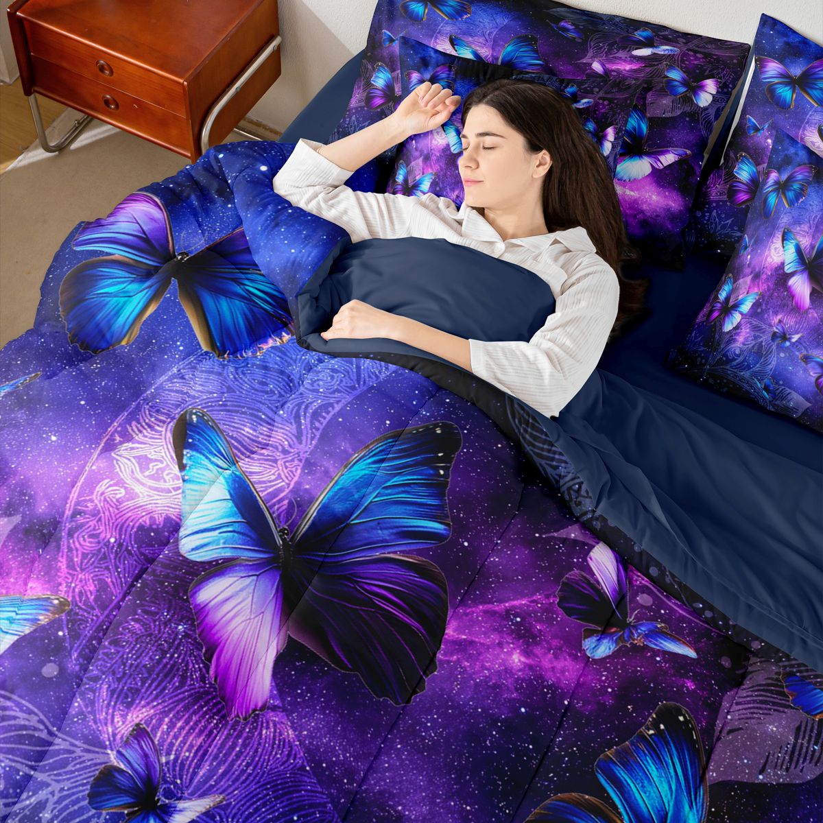 Homewish Gradient Butterflies 7pcs Bedding Comforter Set For Teens Adults,Universe Galaxy Queen Bedding Sets Super Cozy,Exotic Style Queen Sheet Sets,Ultra Soft Home Decor,Reversible