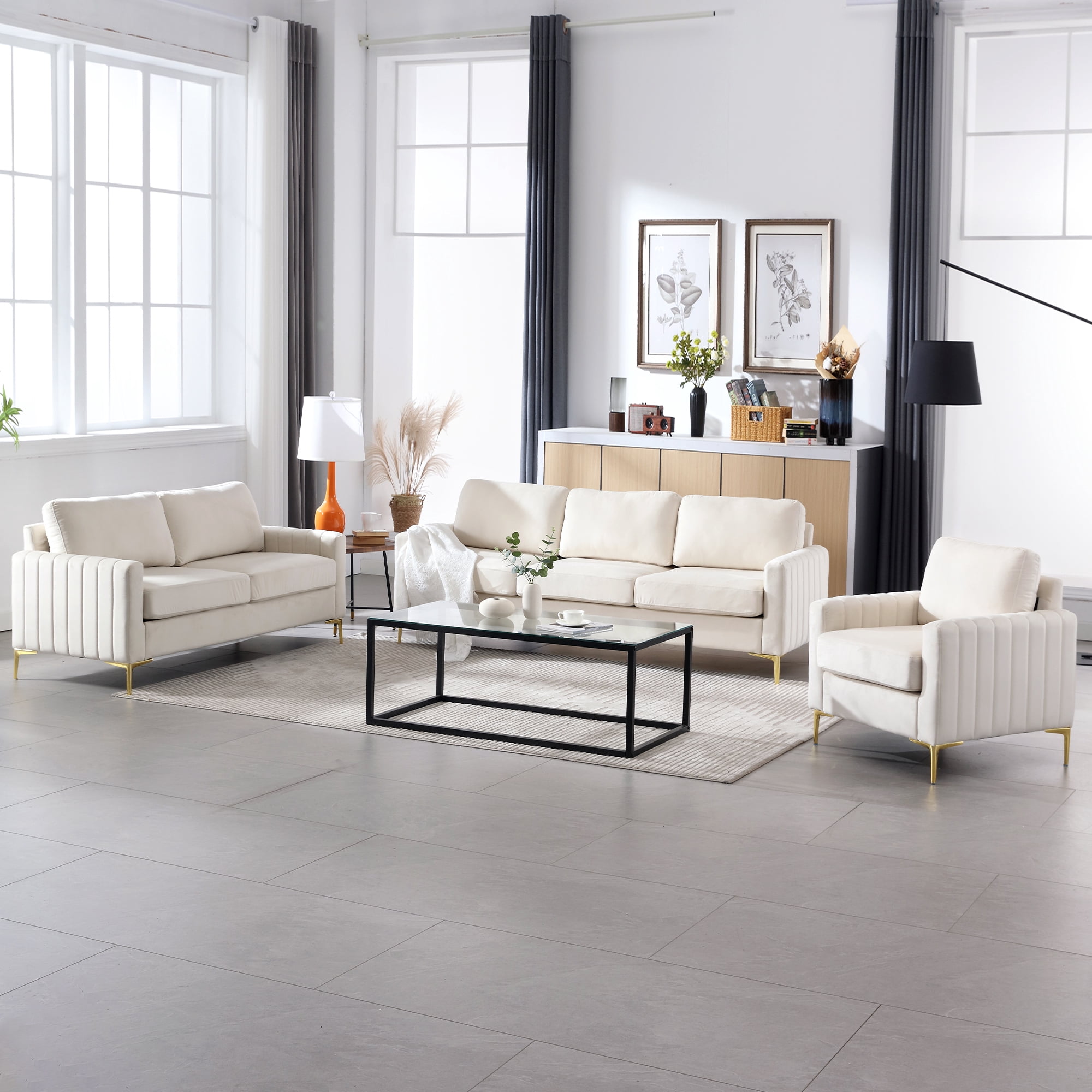 Muumblus Velvet 3 Piece Modern Living Room Furniture Sofa Sets, Beige