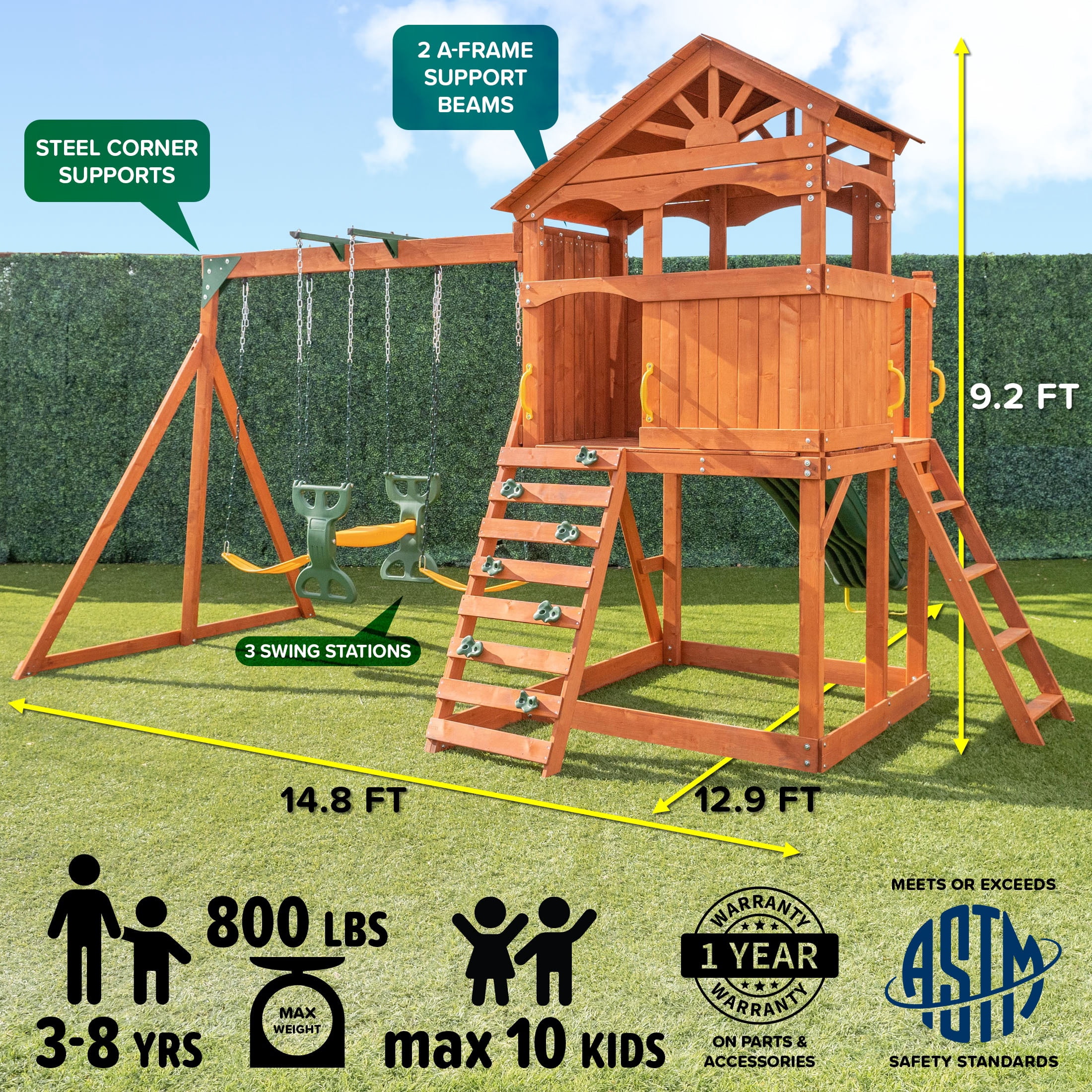 Sportspower Blue Ridge Wooden Swing Set with Roofed Clubhouse & Balcony, 2 Belt Swings, 2-Person Roman Glider, 8ft Slide, Sandbox, Rock Climber, FREE Anchors Included
