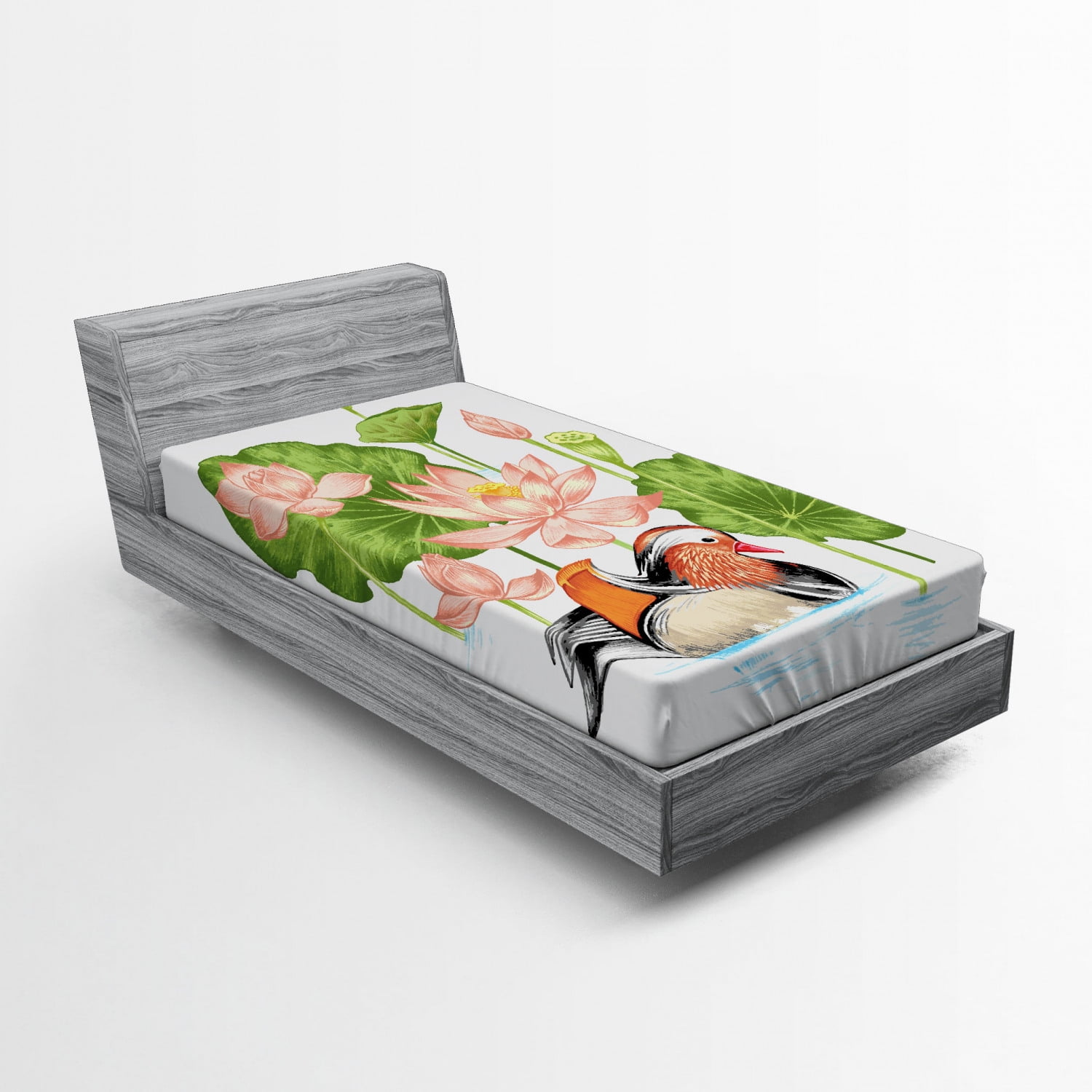 Rubber Duck Fitted Sheet, Baby Mandarin Duckling in Pond with Lotus