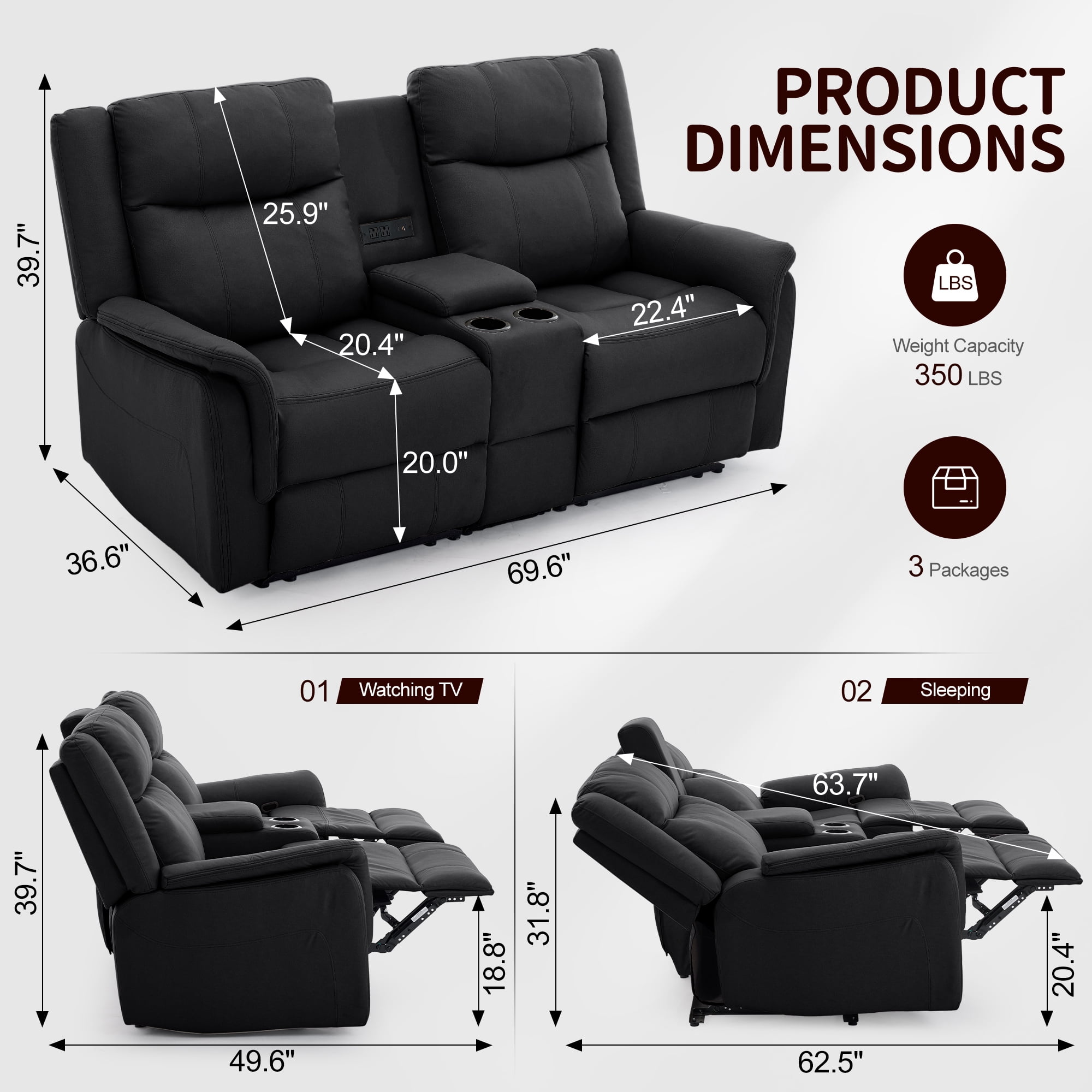 Korser 2-Seater Loveseat Recliner, Reclining Sofa with USB Ports, Cup Holders for Home Theater,Black