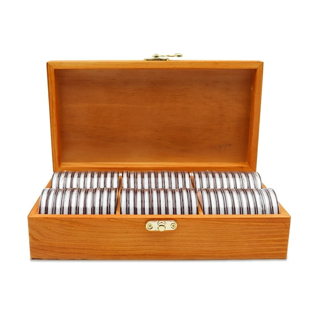 Portamonedas de madera de 20-46 mm, 60 unidades, cápsulas para monedas altamente transparentes con junta de espuma, estuche para coleccionistas de monedas, caja profesional para almacenamiento de mone