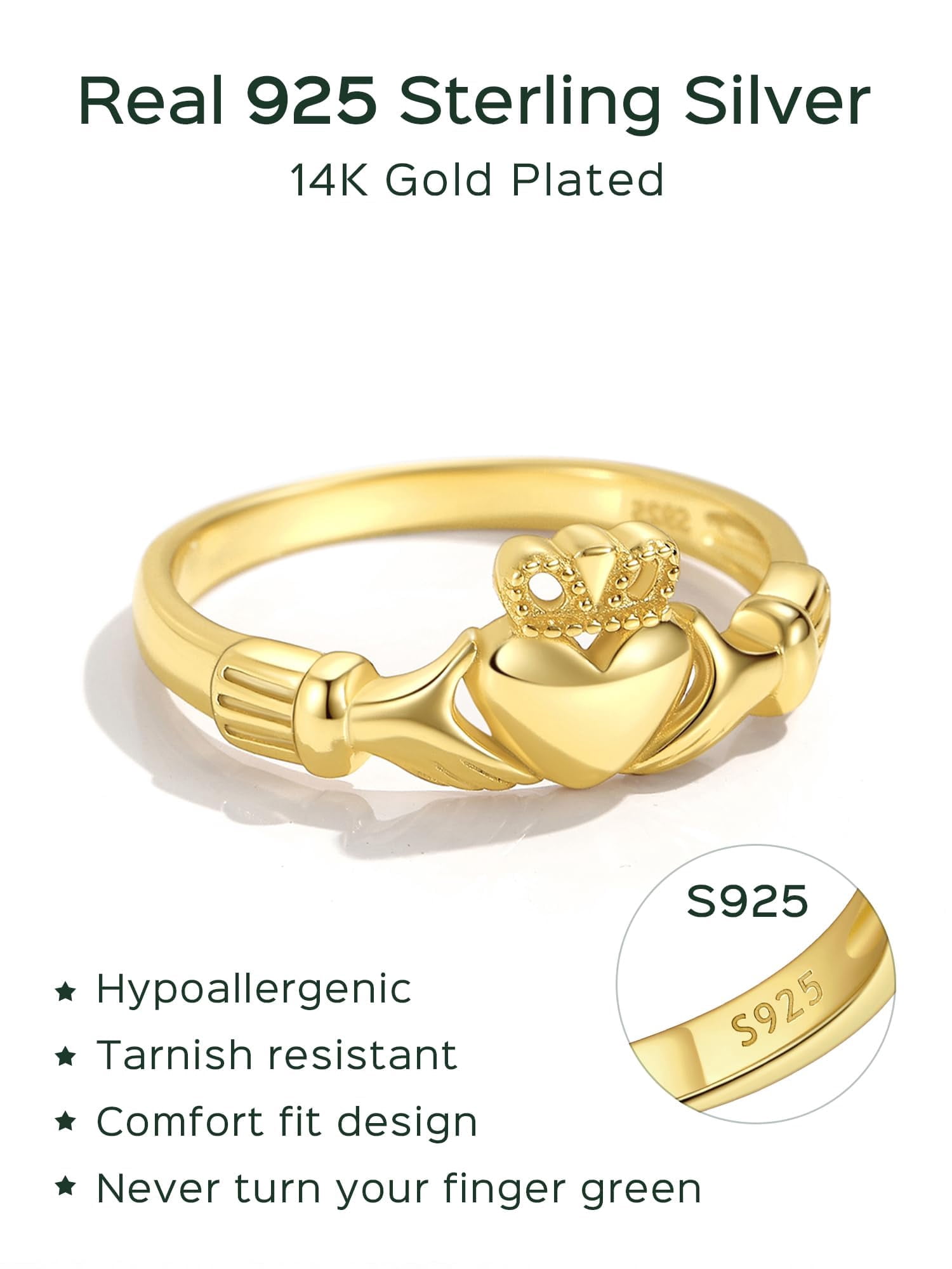 ChicSilver Irish Claddagh Ring for Women 925 Sterling Silver & 14K Gold Plated Band Celtic Jewelry Traditional Friendship Promise Engagement Ring