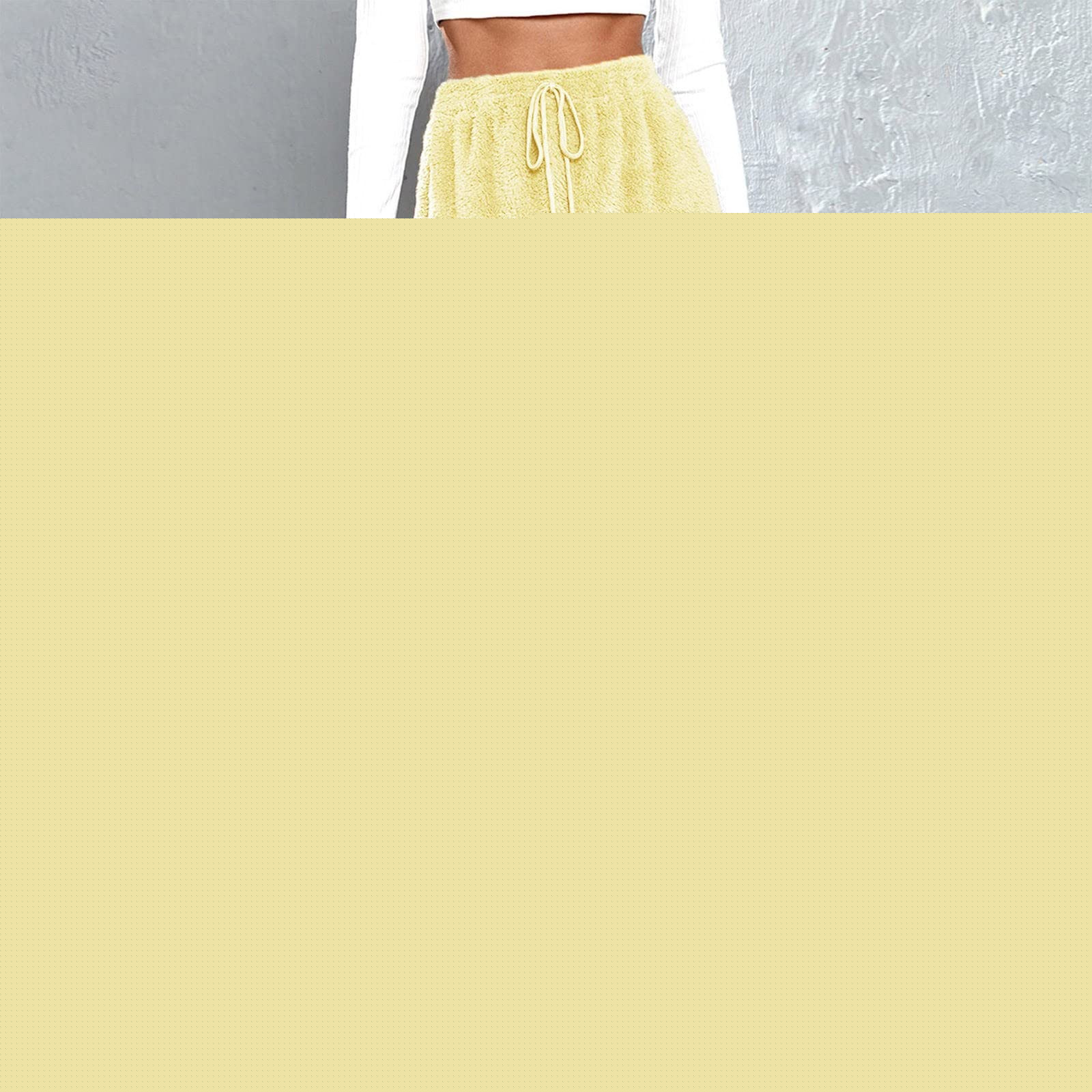 thumbnail image 3 of Women's Faux Lamb Fleece Sweatpants Elastic Waist Drawstring Solid Cuffed Loungewear Joggers with Pockets Yellow 2XL, 3 of 4