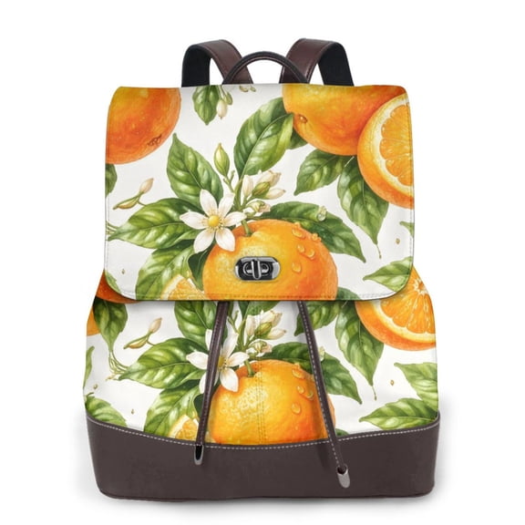 Orange Women's Leather Backpack All-Over Print Bag for Work and Travel