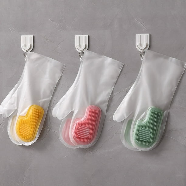 Guantes impermeables de gel de sílice para lavavajillas - Guantes antideslizantes engrosados para cocina con cerdas para platos y verduras, amarillo/verde/rosa, 33 cm