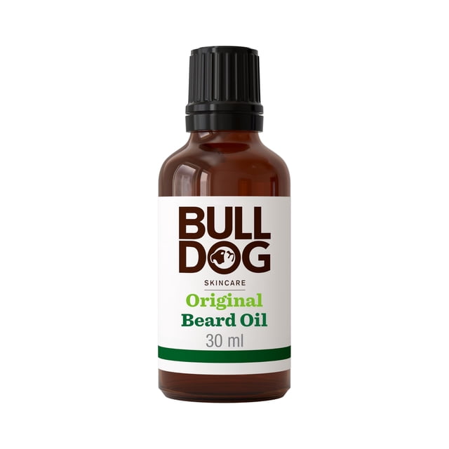 aceite para barba bulldog grooming original tames and conditions, 30 ml botella ámbar con etiqueta frontal que muestra el logotipo BULLDOG en marrón y el texto "Original Beard Oil" en verde, capacidad 30 ml y tapa dosificadora negra; suele usarse para suavizar y acondicionar la barba.
