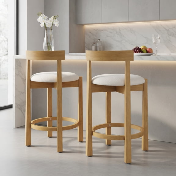 Demi Bonn 24 Inch Teddy Velvet Bar Stools Set of 2, Padded Backrest with Footrest, Counter Height Stools, Beige