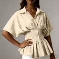 thumbnail image 4 of SSZMDLB Women Collared Short Sleeve Button Down Pleated Peplum Top Casual Blouse Solid Basic Shirt Office Outfits Summer Work Tops, Yellow S, 4 of 7