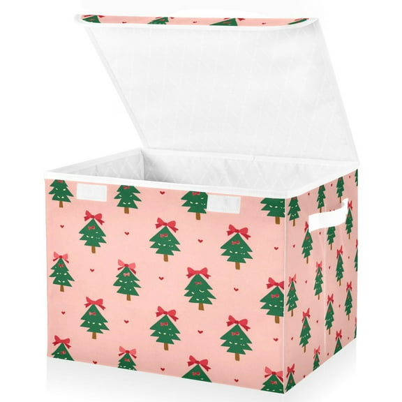 Large Fliplid Foldable Storage Bin Boxes Cubes Baskets with 2 Handles for Clothes Books 16.5x12.6x11.8 Inch Green Trees and Red Bows