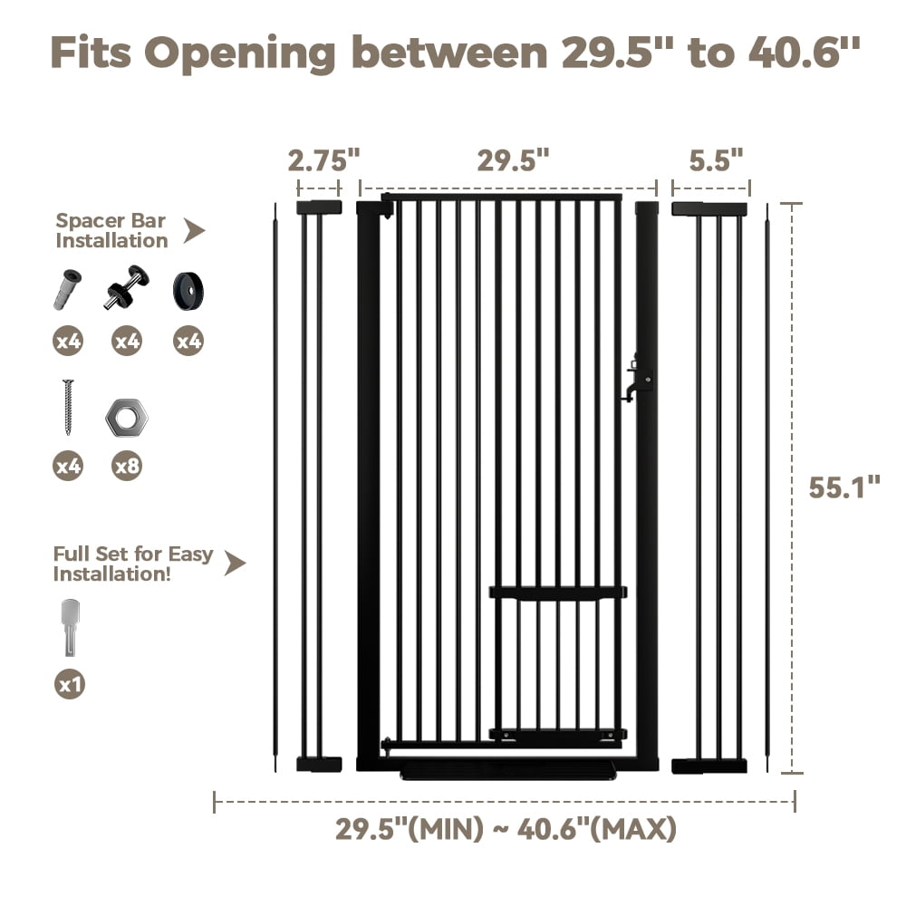 Pet Gate,Domipet 55.1 inch Extra Tall Dog Gate,29.5''-40.6''Wide with Cat Door,Pet Gate for Doorway Stairs,Black
