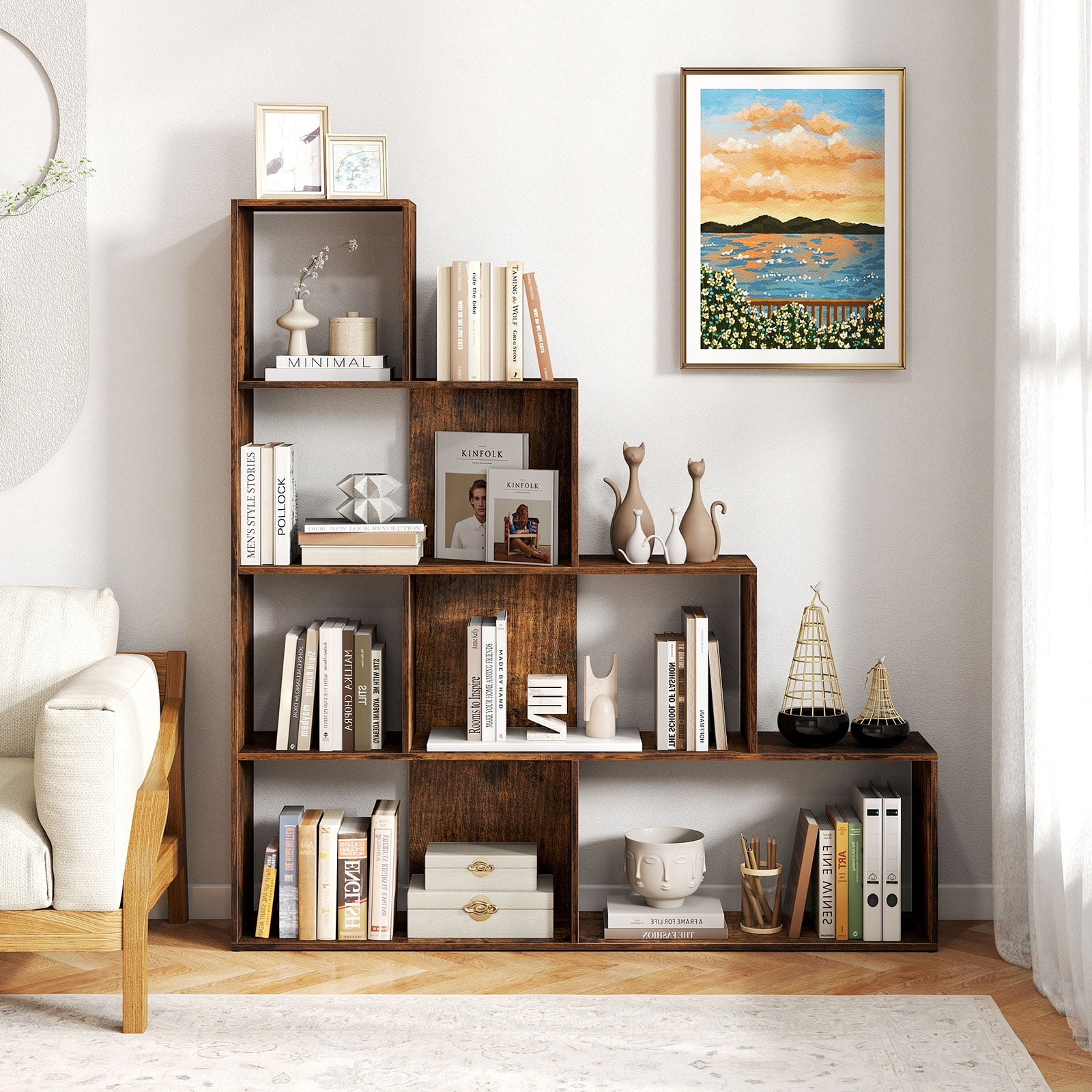 Costway 4-Tier Stepped Bookshelf with 6 Cubes, 64” Tall Organizer with Anti-Tipping Kits Rustic Brown