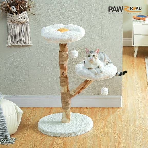 XgoodX Wood Flower Cat Tree Scratching Post with Real Branches&2 Perches Toys