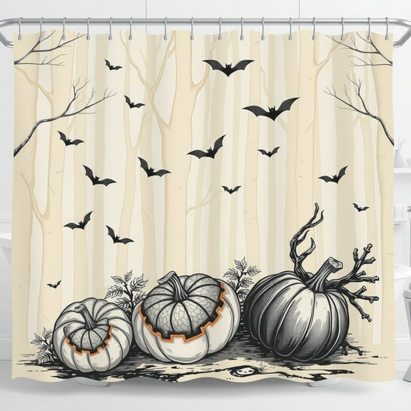 Vintage-Inspired Spooky Forest Shower Curtain with Bats and Carved Pumpkins - Halloween Decor