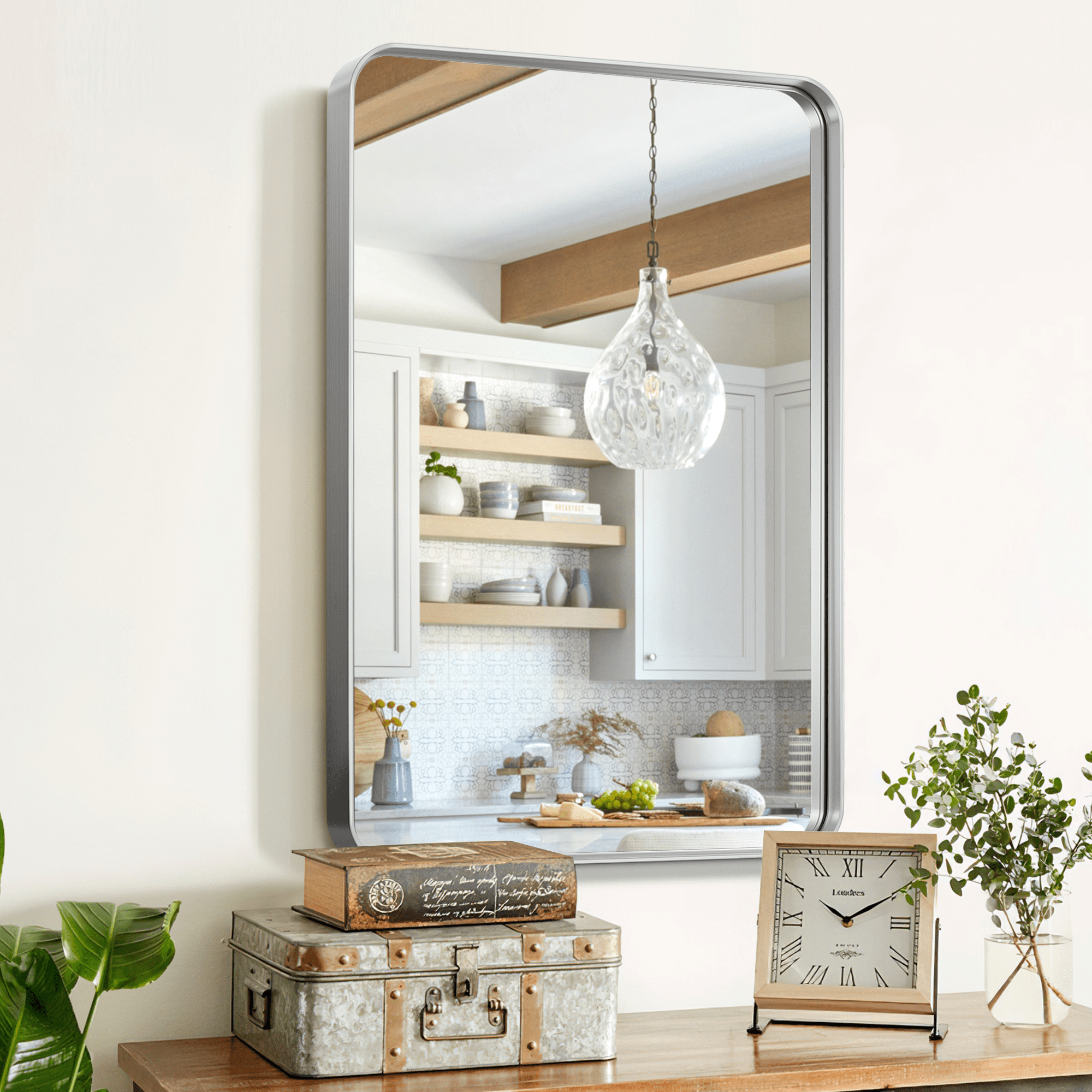 32"x22" Aluminum Alloy Wall Mount Rounded Corner Rectangular Mirror,Silver