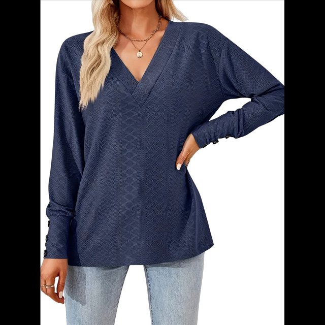 Blusas de Verano para Mujer con Mangas 3/4, Cuello en V, Mangas Abullonadas, Estilo Casual, con Textura Fruncida. Azul Oscuro XXXL