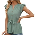 thumbnail image 3 of Drawstring Buttons Shirts for Women Flutter Sleeve V Neck Mesh Hole Solid Long Blouses Ladies Trendy Tops Green,L, 3 of 4