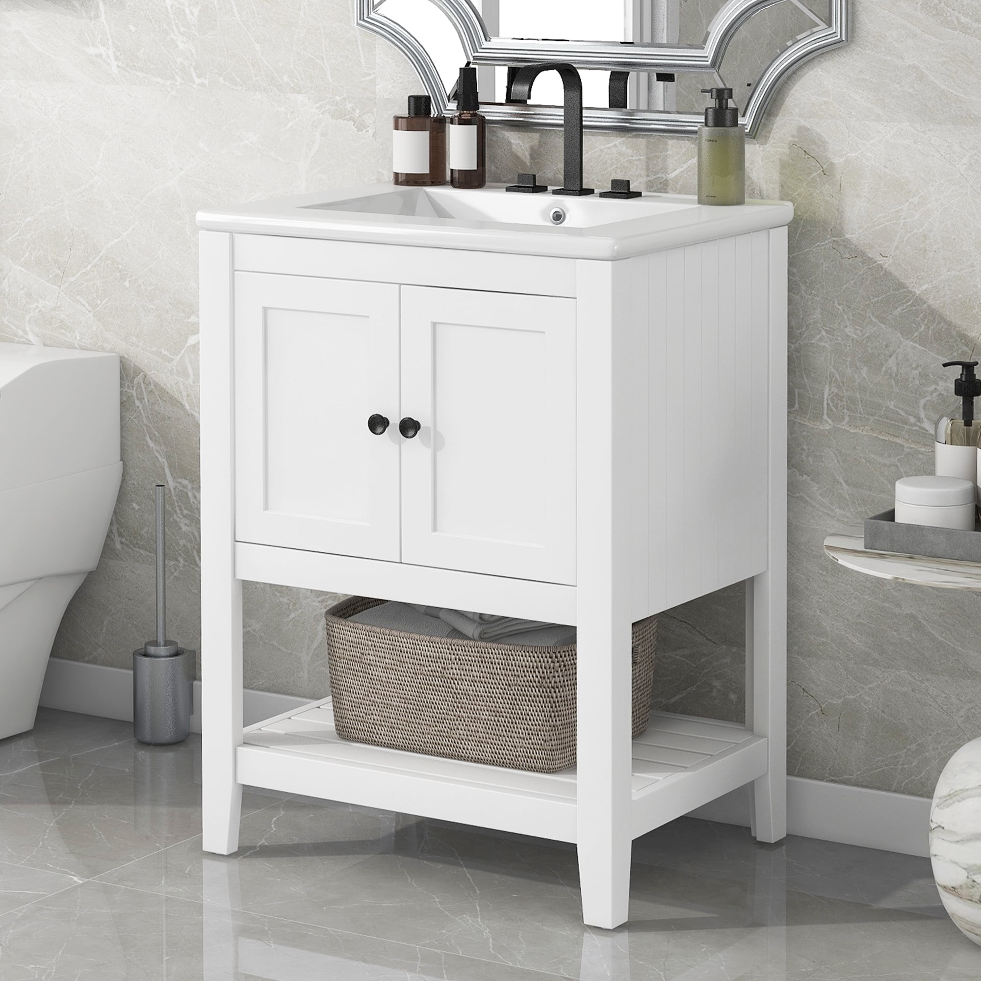 Harper & Bright Designs 24" Small Bathroom Vanity Sink Combo with Storage , Wood Bathroom Floor Cabinet with Open Shelf, White