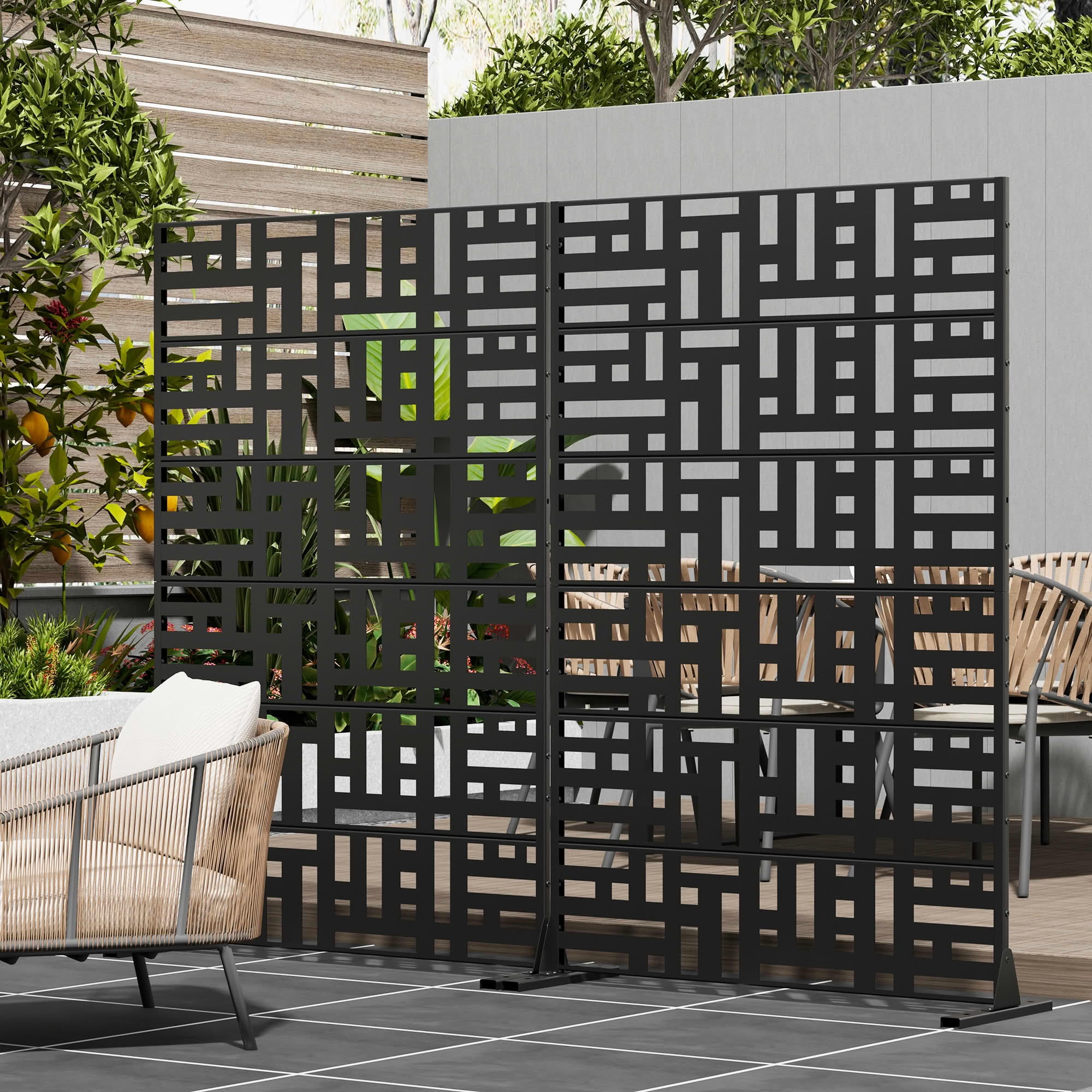 MAYEERTY 72"x47" Privacy Screen, Black Street Pattern 6-Panel Galvanized Steel Screen, Decorative Cutout Fence for Outdoor Patio Yard