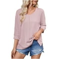 thumbnail image 3 of Summer Fashion Plus Size 3/4 Sleeve Tops for Women Round Neck Patchwork Lace Sleeves Solid Color, 3 of 6