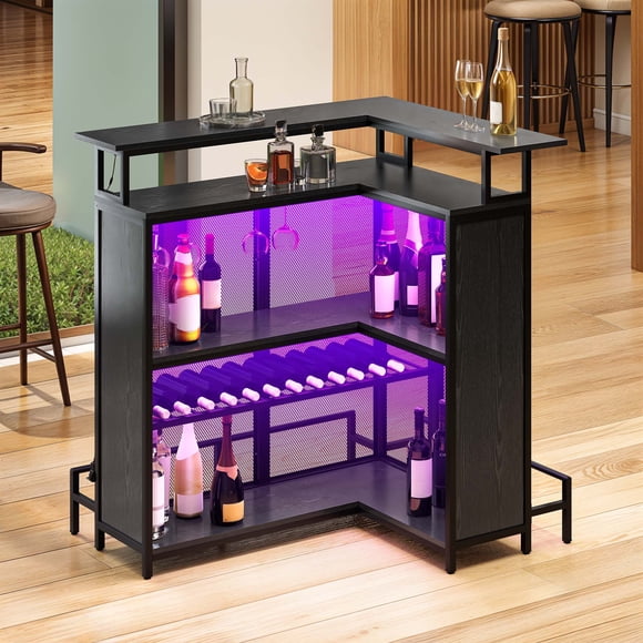 DEXTRUS Unité de Bar à Domicile à 5 Niveaux, Armoire à Vin de 43 Pouces avec Lumières DEL, Mini Bar à Alcool avec Casier à Vin et Repose-Pieds, Noir