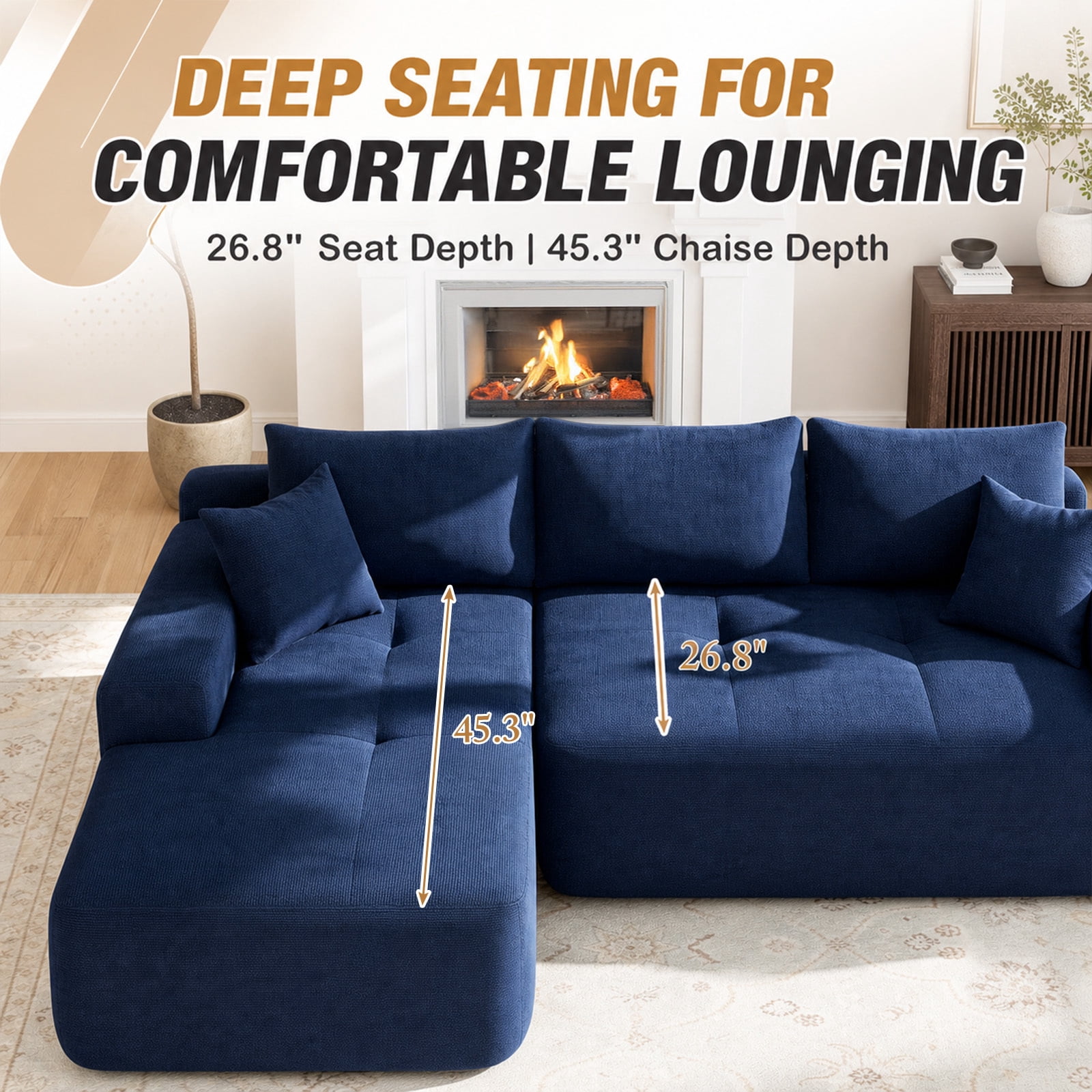 Lunale L-Shaped Modular Sectional Sofa with Left Chaise, No Assembly Required, Boneless Polyester Cloud Couch for Living Room, Blue