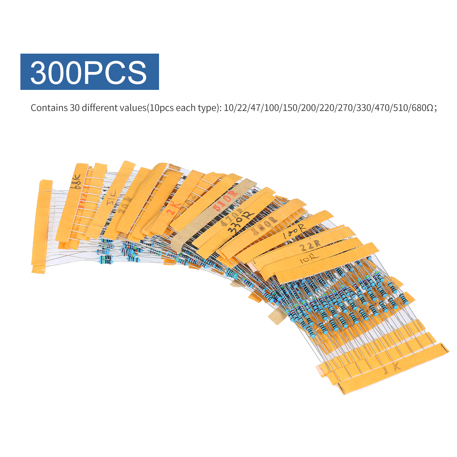 300PCS 1/4W Chromatic Ring Resistor Metal Film Resistor Assortment Kit with Permissible Error ±1% 30 Resistance Values 10/22/47/100/150/200/220/270/330/470/510/680 ohm 1/2/2.2/3.3/4.7/5.1/6.8/10/20/4 - image 3 of 7