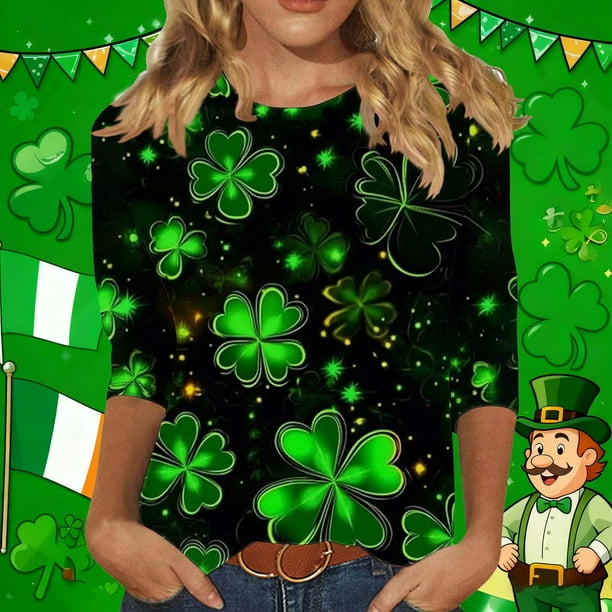 RKSTN St Patricks Day 3/4 Sleeve Tops for Women Oversized Crewneck St Paddy's Day Lucky Shamrocks Graphic Print T Shirt Womens Casual Solid Plus Size Round Neck Loose Three Quarter Sleeve Shirts
