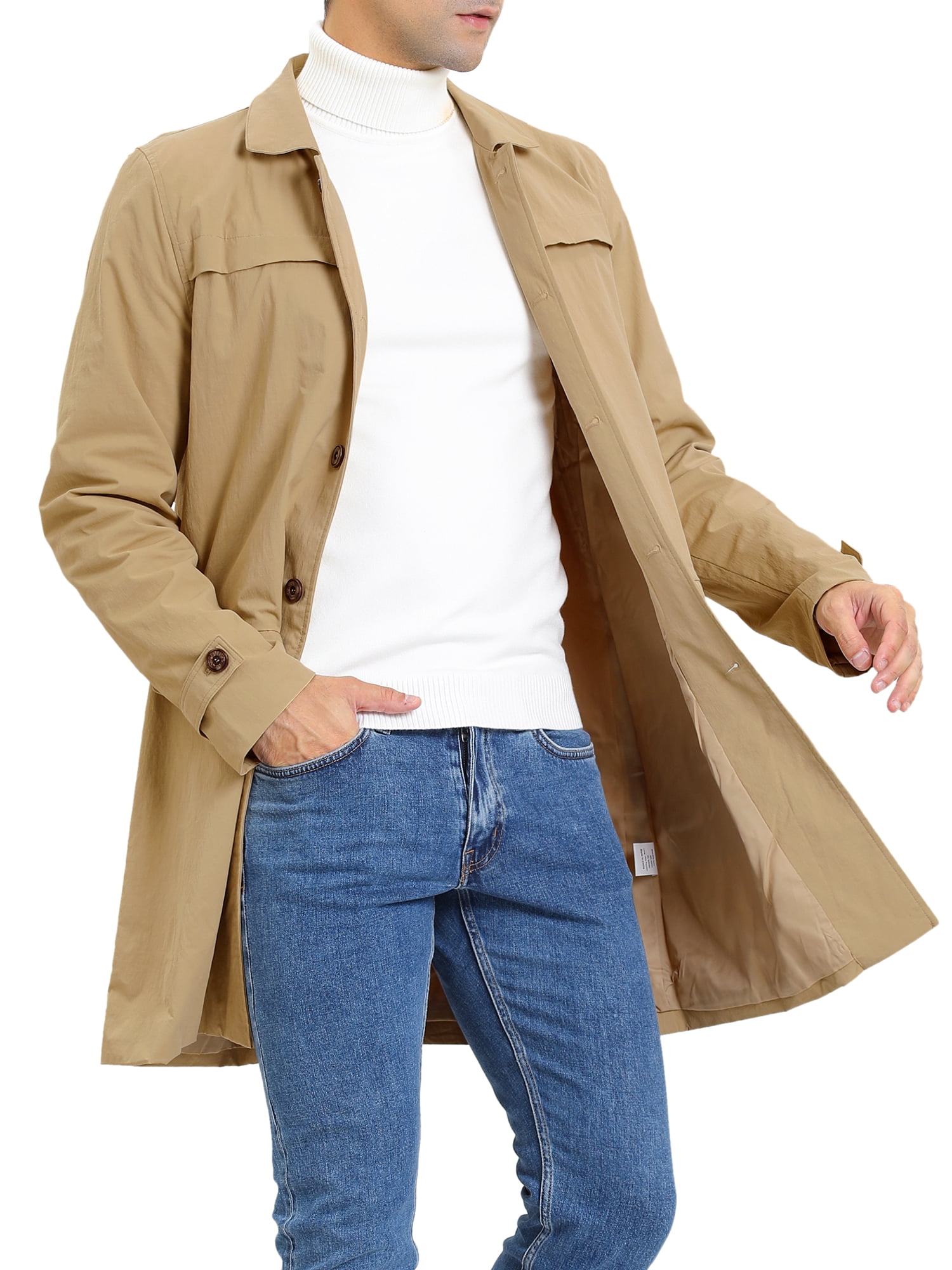 DARING DIVA Men's Stylish Notch Lapel and Single Breasted Trench Coat M Khaki