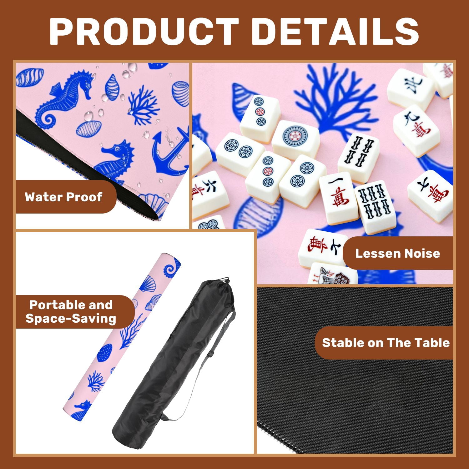 Mahjong Mat 31.5" x 31.5" Blue Ocean Theme Seahorses Starfish Anchors Shells Pink Non-Slip Noise Reduction American Mahjong Tiles Table Cover for Dominoes Poker Card Board Games Gift
