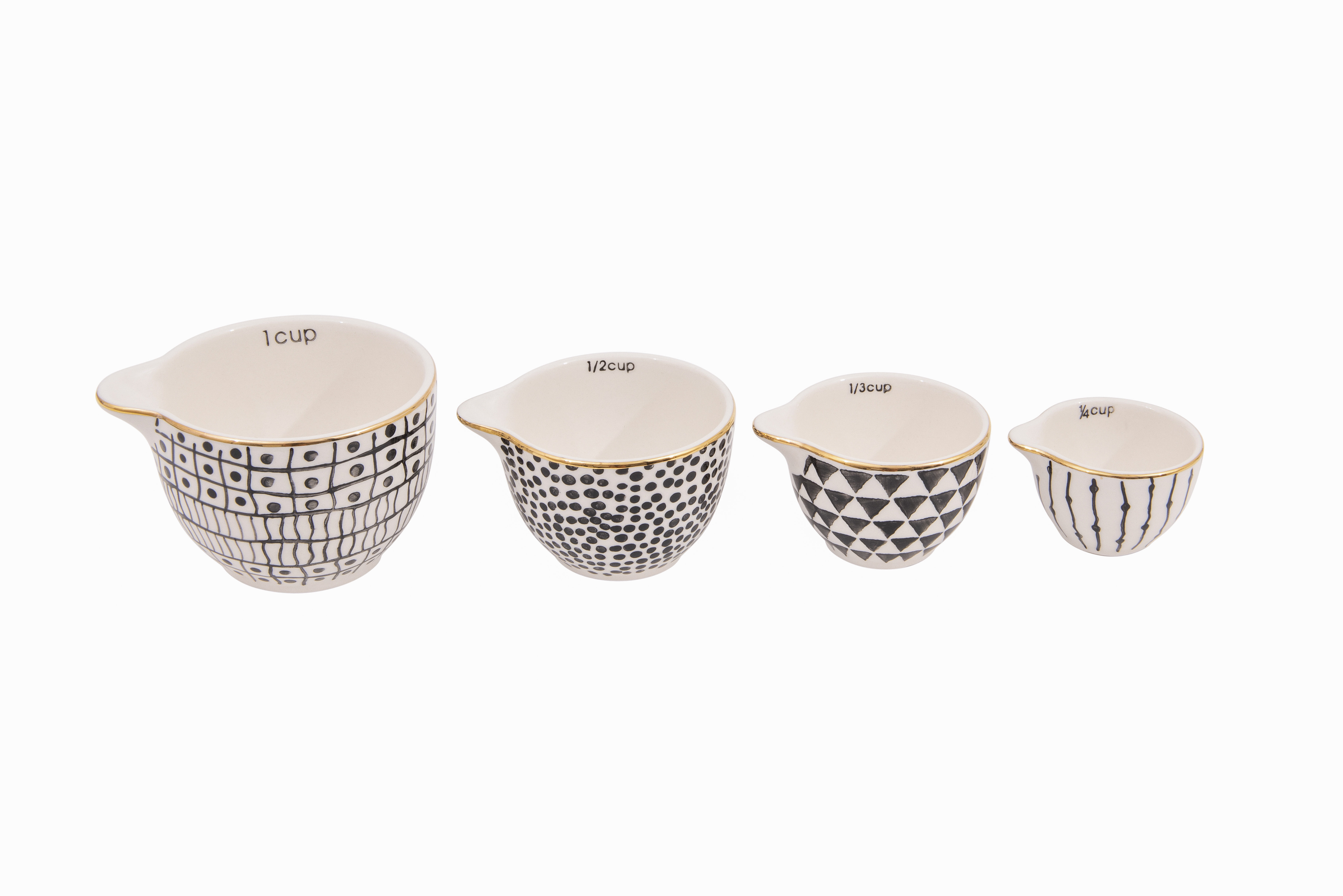 Creative CoOp Black & White Stoneware Measuring Cups with Gold