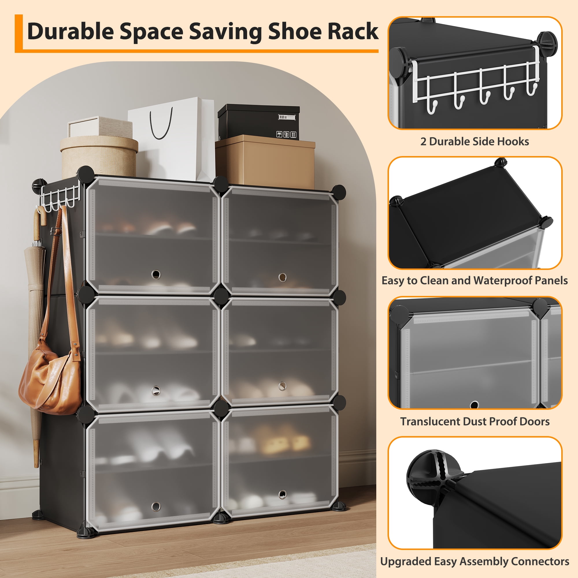 Modular 6-Cube Shoe Storage Cabinet with Doors – 6-Tier Plastic Shoe Organizer – Space-Saving – Easy DIY Assembly – for Entryway, Bedroom, Living Room – Black