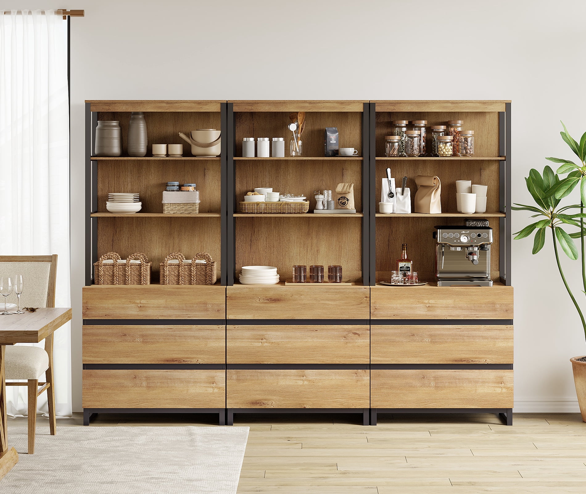 WAMPAT 3-Piece Modern 72" Tall Freestanding Bookcase，9 Drawers, Open Shelves & Storage Cabinet with Metal Base，Wood Library Bookshelf for Home Office & Living Room