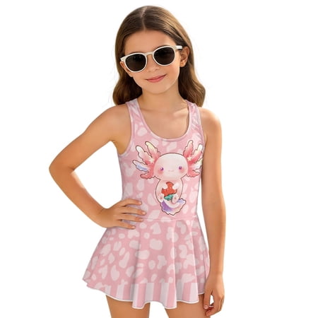 chaqlin Axolotl One Piece Swim Dress for Girls - Cute Skirted Bathing Suit with Heart Pattern Quick Dry & Stretchy for Beach Pool Summer Vacation