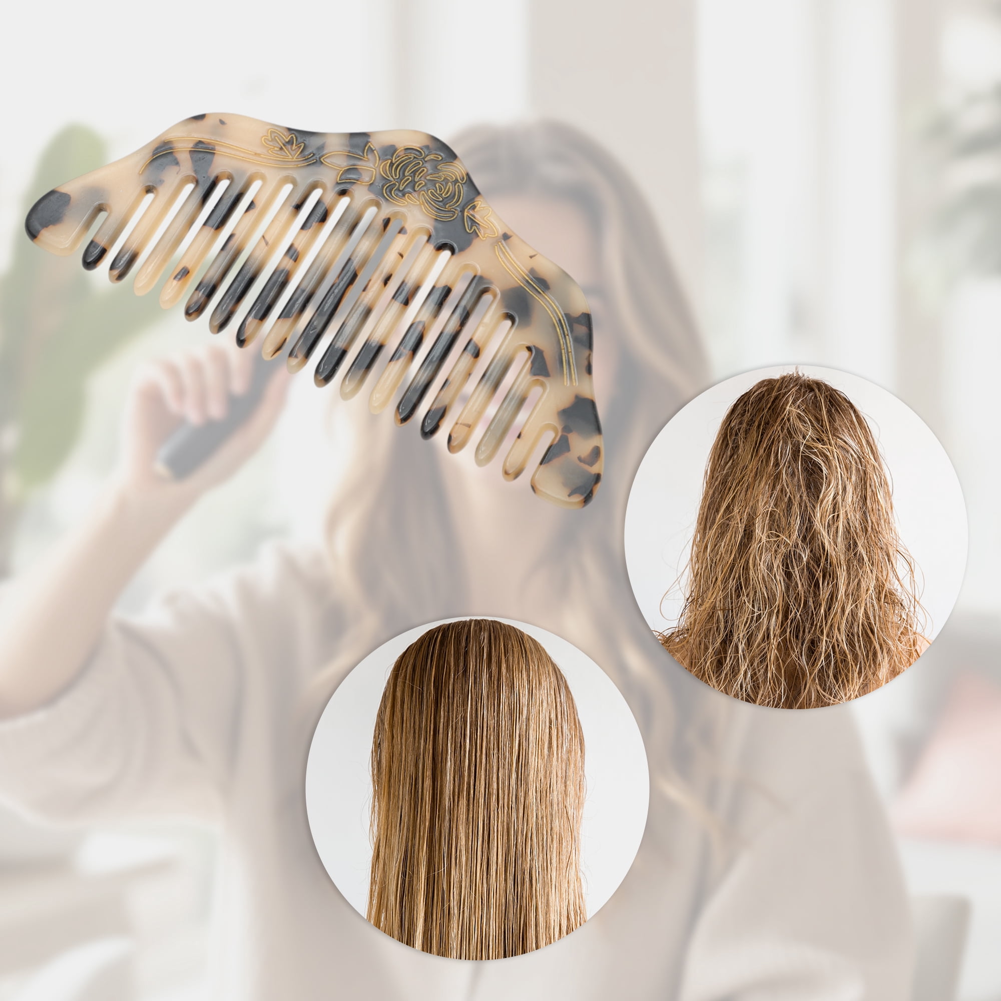 Unique Bargains 1 Pc Durable Portable Floral Hair Comb for Making Hair Smooth Beige Black