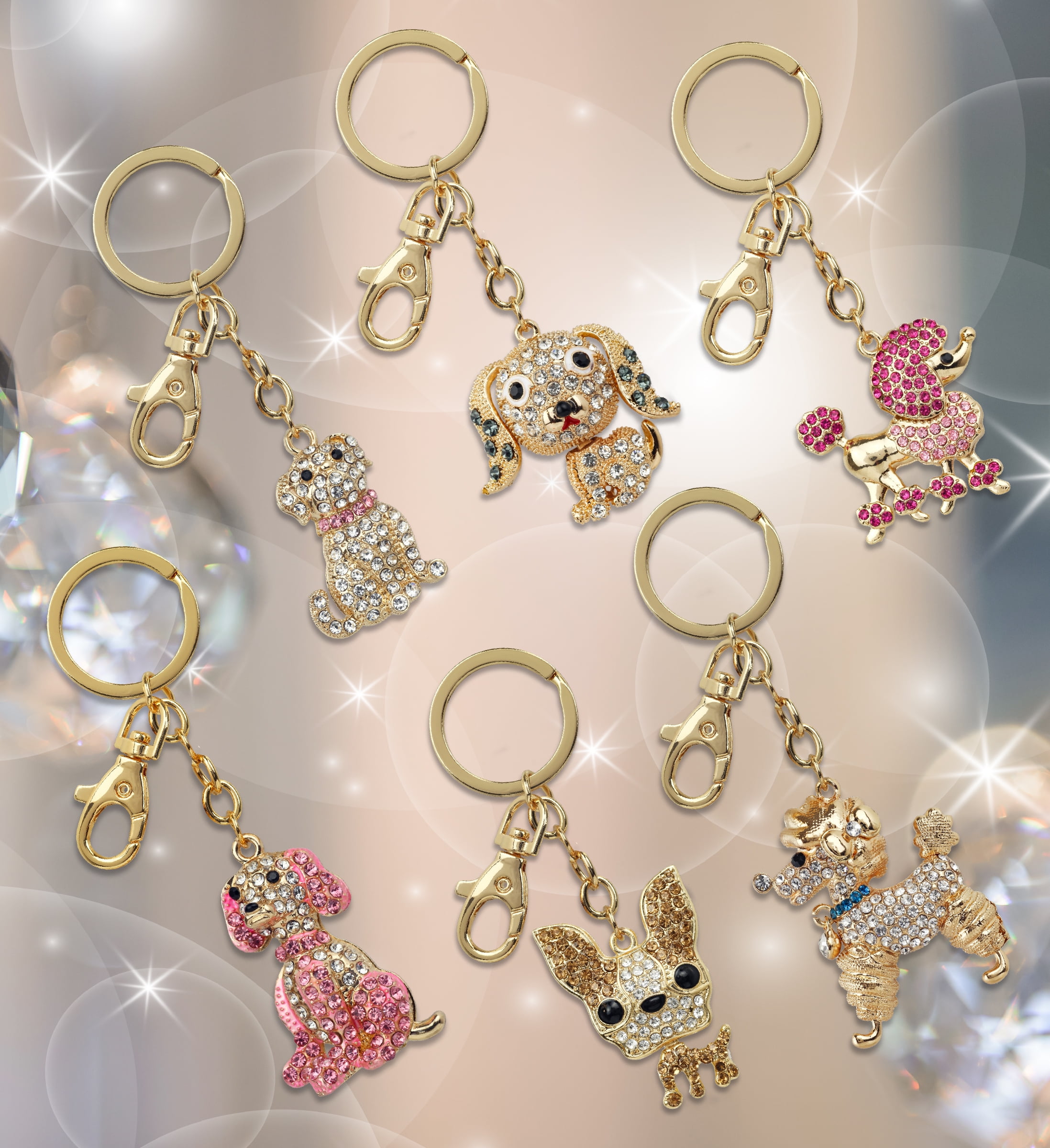 Aqua79 Dogs Sparkling Golden Keychains Set of 6 – Beagle, Bulldog, Poodle, Chihuahua Charm Rhinestones, Gold Metal Key Ring – Keychain Accessories with Clasp for Bag, Purse, Handbag, Backpack