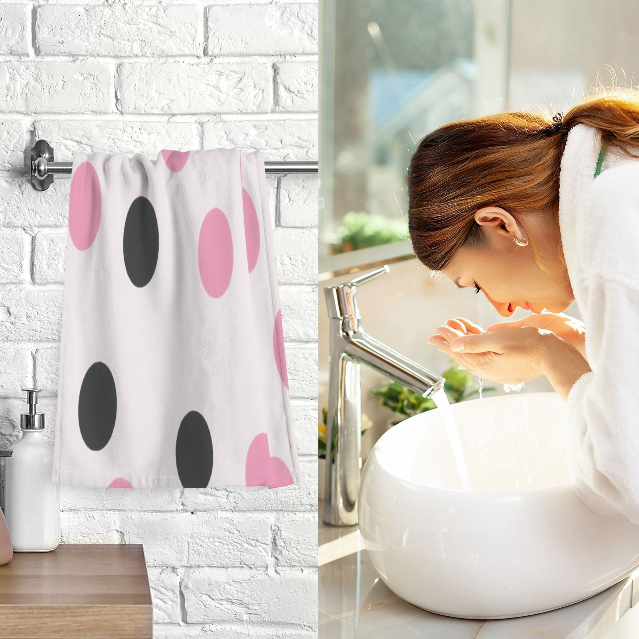 2 Pcs Absorbent Face Towel Bath Hand Towels Soft Breathable Cotton Towel Set for Bathroom Kitchen Hotel Spa Decor Pink and Black Dots