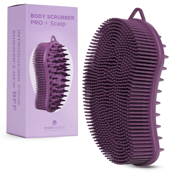 MainBasics Exfoliante de silicona para el cuerpo, exfoliante de ducha 2 en 1 para el cuerpo, lufa de silicona y masajeador del cuero cabelludo (cuerpo morado + cuero cabelludo)