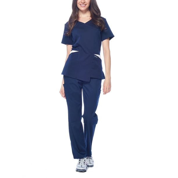 DAGACCI Dagacci Medical Uniform Women's Colorblock VNeck Natural Stretch Scrubs Set (Navy,XL