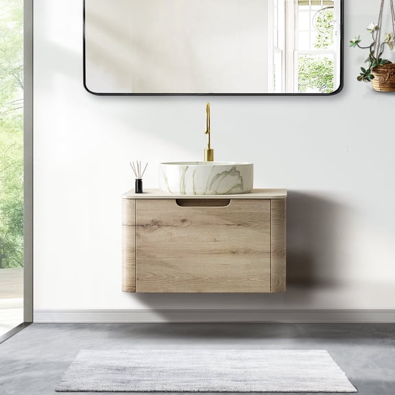 24" Bathroom Vanity with Sinks, Floating Plywood Storage Cabinet with Drawer  Bathroom Vanity, Ceramic Vessel Basins  & Sintered Stone Top Bathroom Sink - White Oak  Vanity